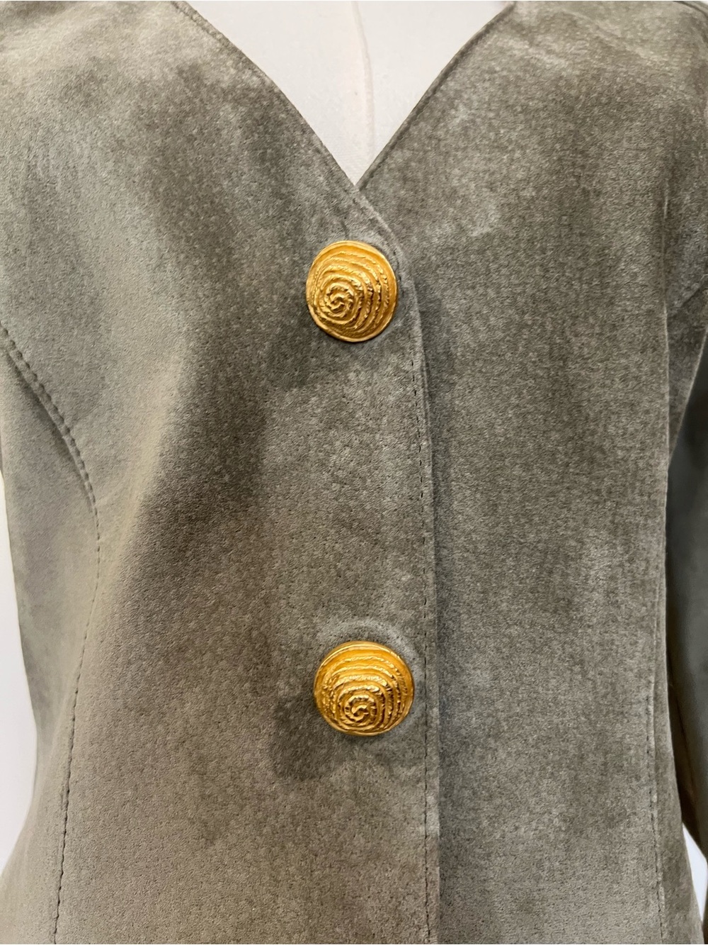 Danier Vintage Sage Suede Sweetheart Neck Peplum Blazer Jacket Gold Buttons XS - Picture 6 of 11